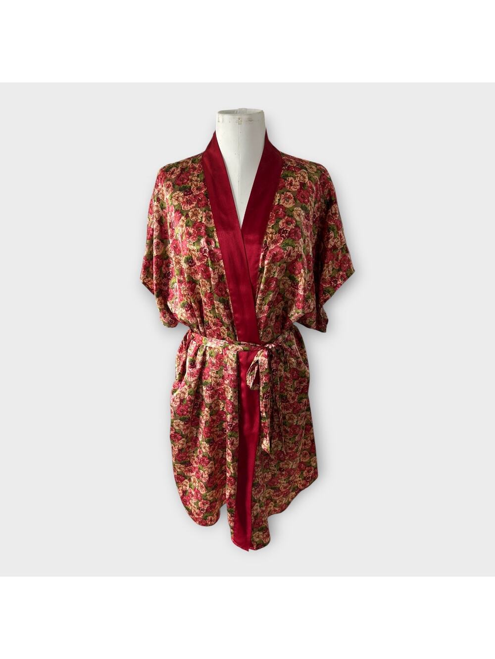 Vintage Pinx Floral Satin Kimono Robe OS Cottagecore Boho Chic Dressing Gown